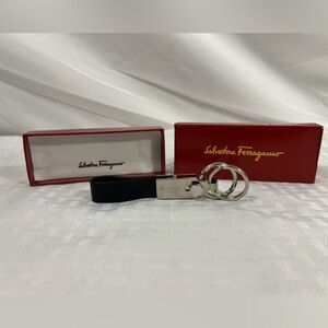 Salvatore Ferragamo Black Leather & Silver Key Ring w Box